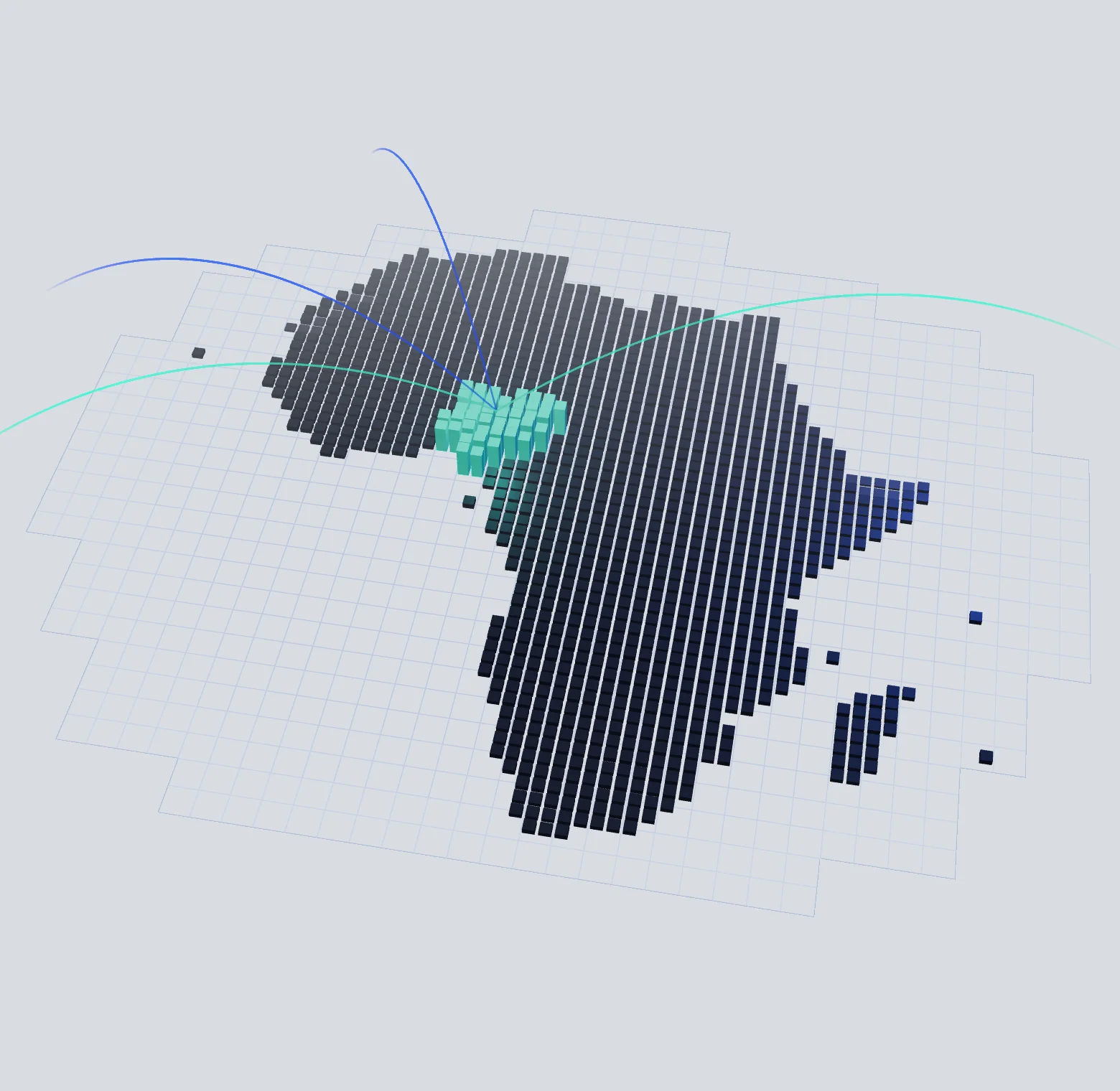 Africa drawn as raised blocks on a grid, with Nigeria in teal and arcs arriving from beyond the continent