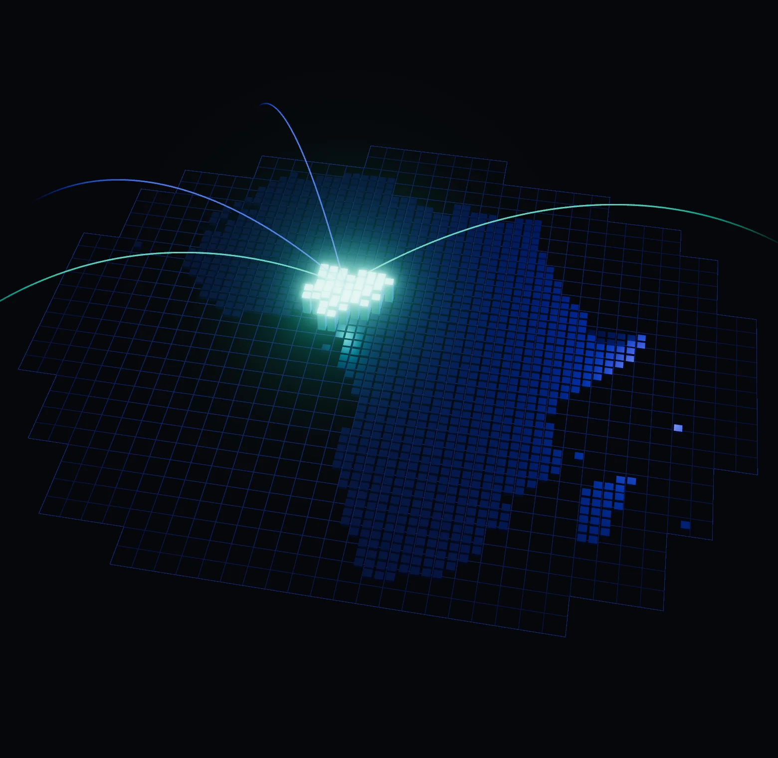 Africa drawn as raised blocks on a grid, with Nigeria lit in teal and arcs of light arriving from beyond the continent